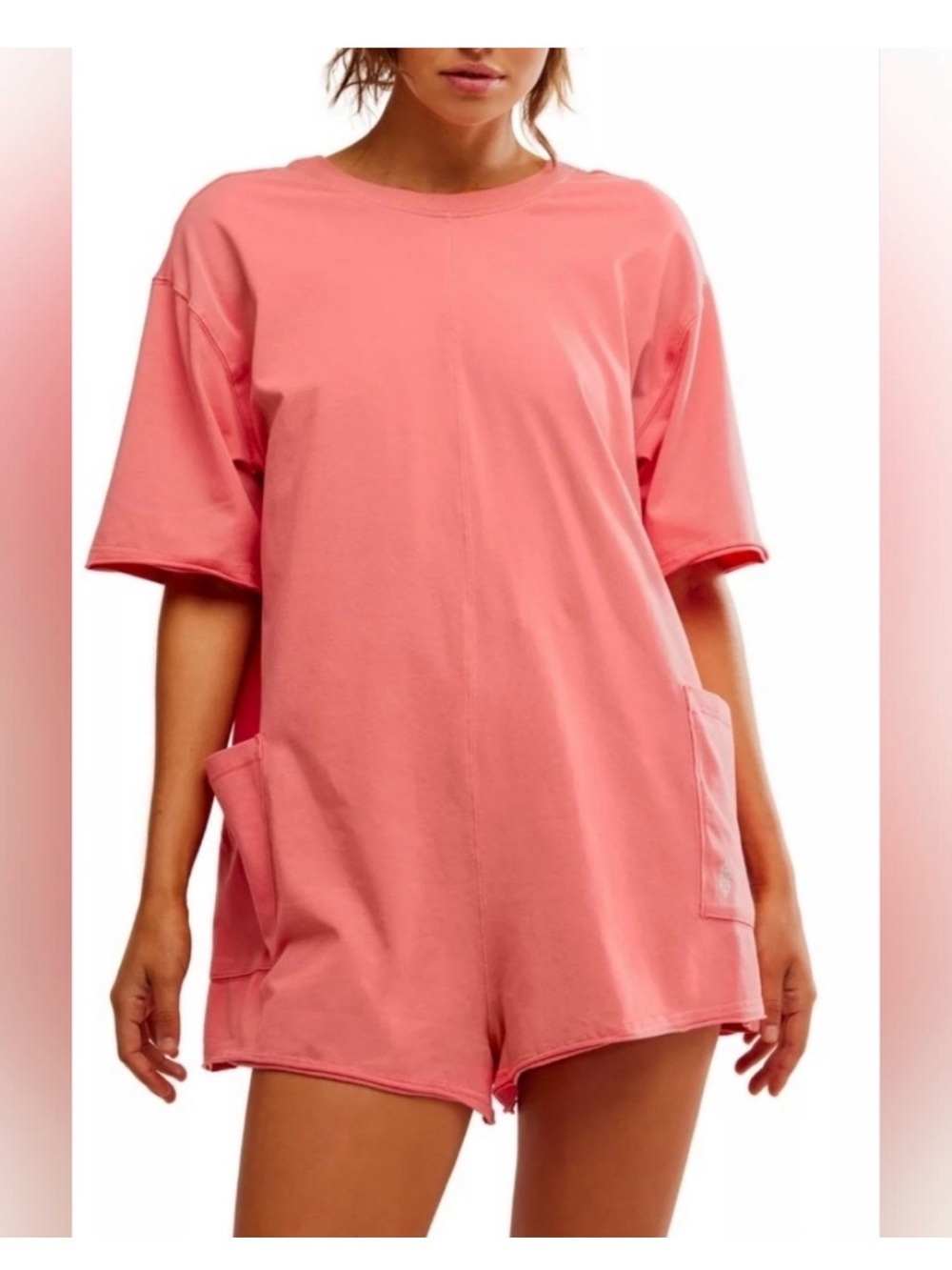 Free People hot shot Coral Pink Short Sleeve Romper size L roomy comfy